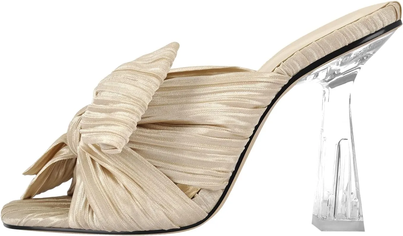 VERISSON Open Toe Mule Bows Band Clear Block High Heels Summer Shoes for Wedding Party