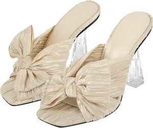 VERISSON Open Toe Mule Bows Band Clear Block High Heels Summer Shoes for Wedding Party