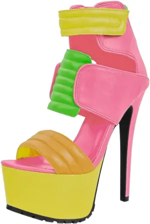 VERISSON Peep Toe Stiletto Platform Sandals Flap Strappy Contrast-stitching Fashion Sandals