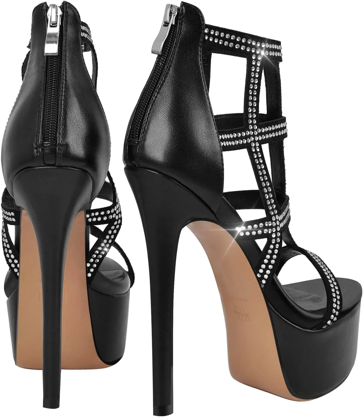 VERISSON Women's Zip up Rhinestone Stiletto High Heels Open Toe Cutout Platform Sandals for Prom Dressing Party