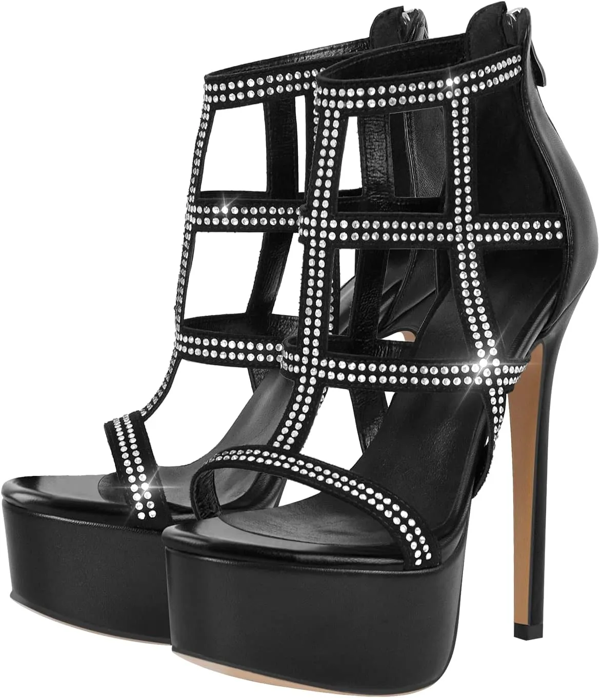 VERISSON Women's Zip up Rhinestone Stiletto High Heels Open Toe Cutout Platform Sandals for Prom Dressing Party