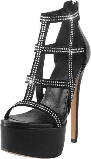 VERISSON Women's Zip up Rhinestone Stiletto High Heels Open Toe Cutout Platform Sandals for Prom Dressing Party