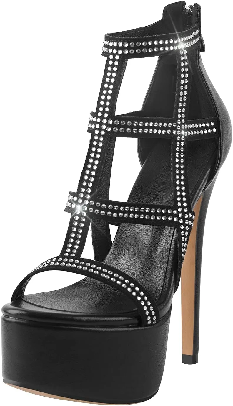 VERISSON Women's Zip up Rhinestone Stiletto High Heels Open Toe Cutout Platform Sandals for Prom Dressing Party