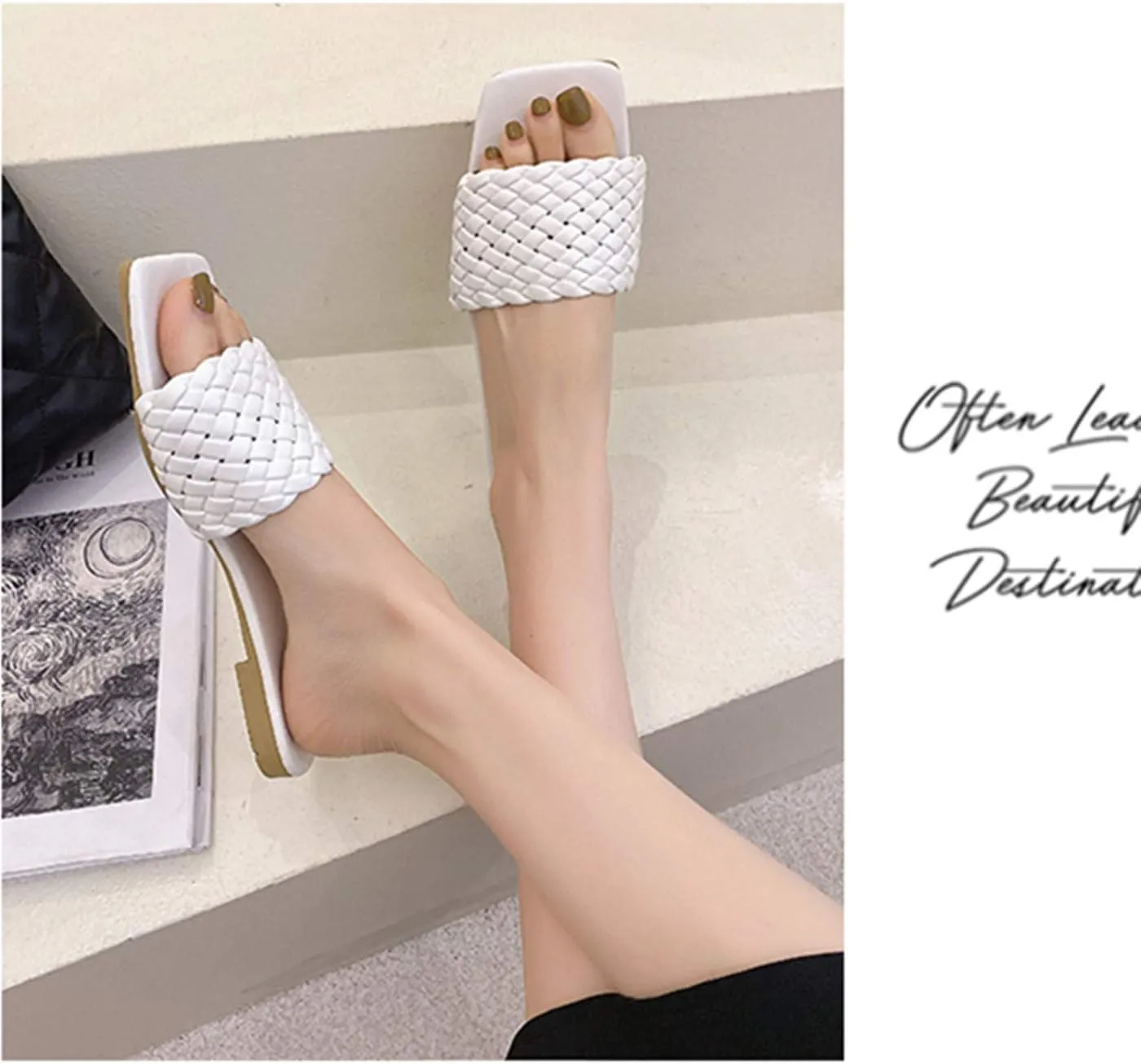Vertundy Slides For Women Sandals Braided Strap Open Square Toe Flat Slippers Slip On Single Casual Shoes Summer
