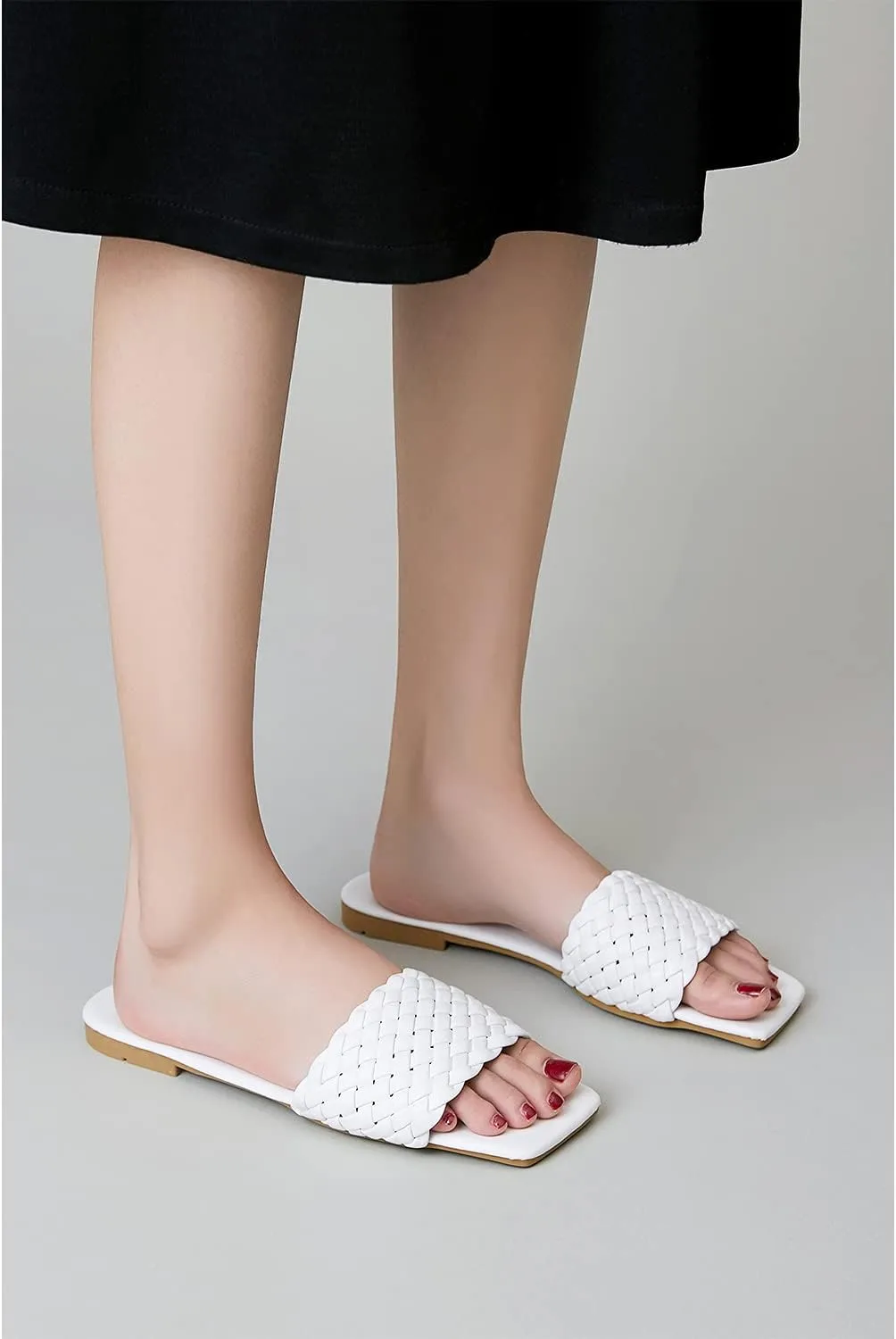Vertundy Slides For Women Sandals Braided Strap Open Square Toe Flat Slippers Slip On Single Casual Shoes Summer
