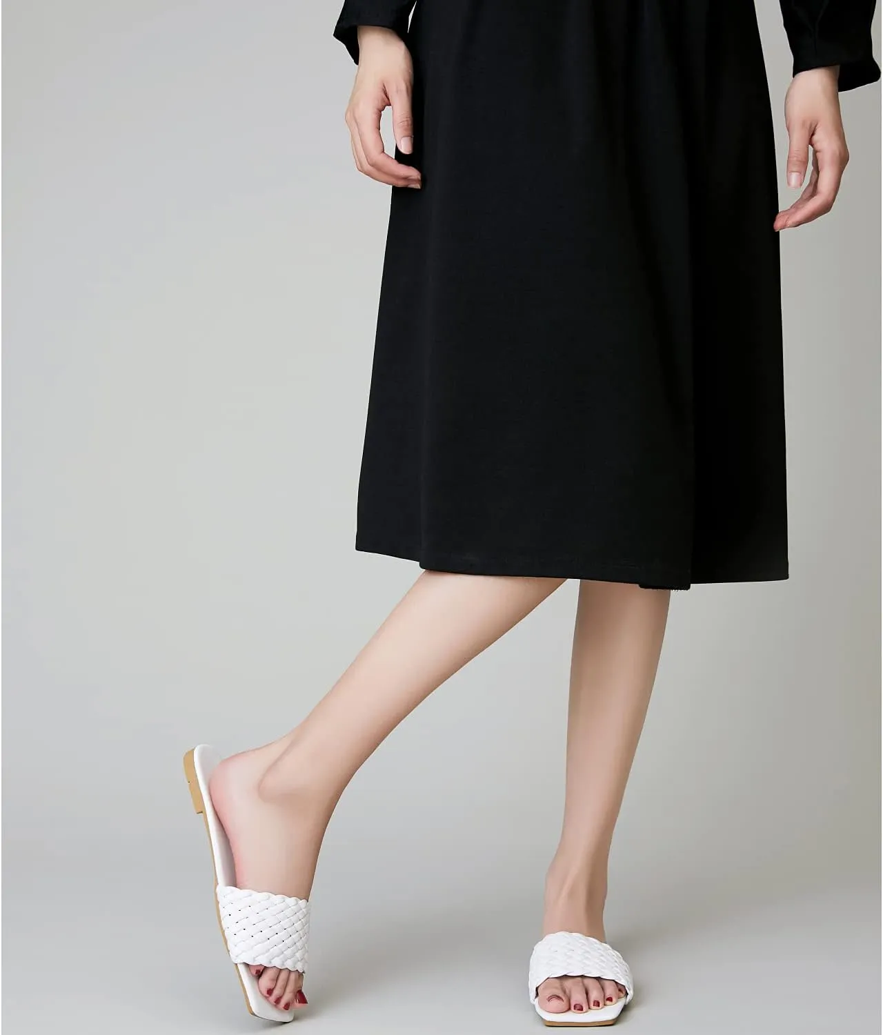 Vertundy Slides For Women Sandals Braided Strap Open Square Toe Flat Slippers Slip On Single Casual Shoes Summer
