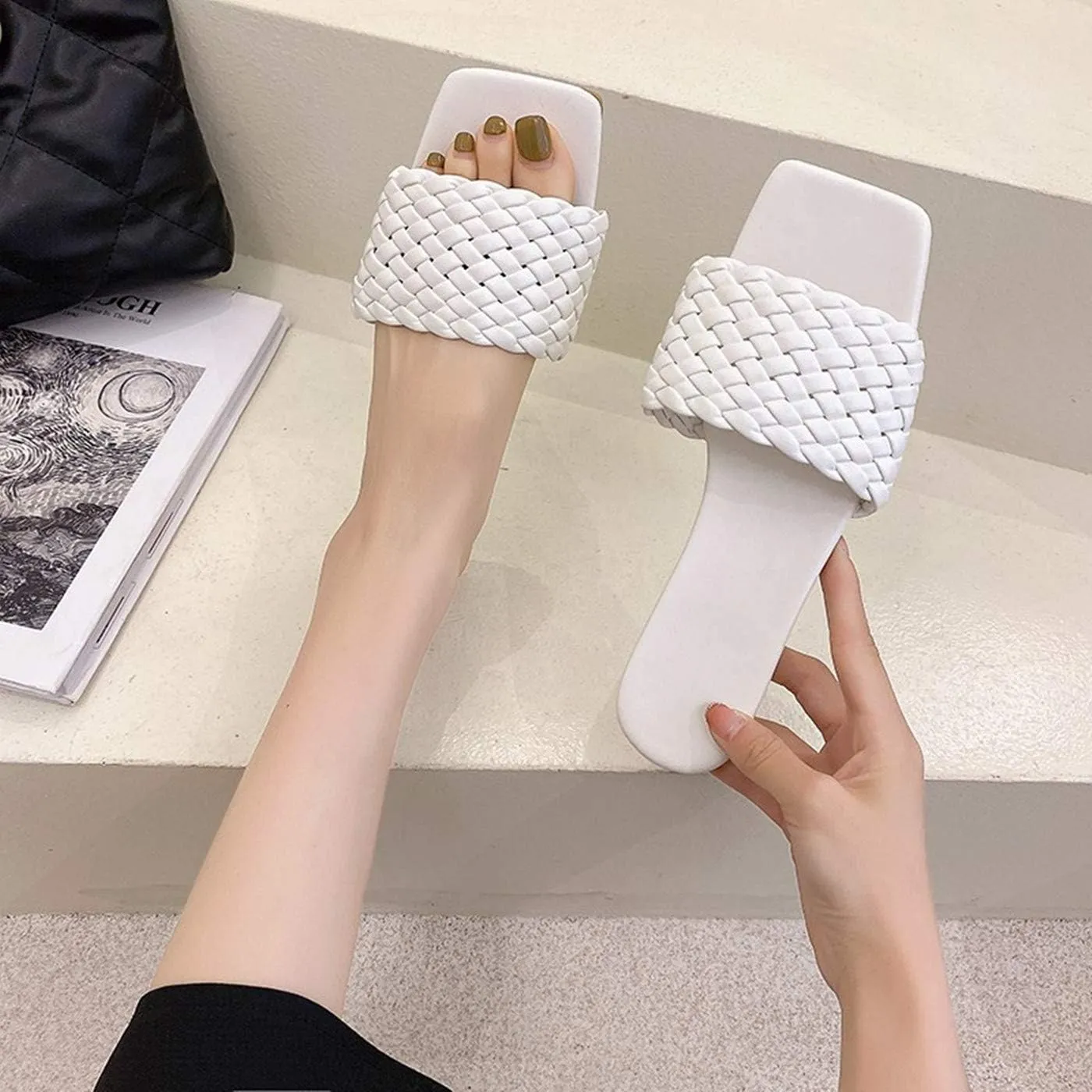 Vertundy Slides For Women Sandals Braided Strap Open Square Toe Flat Slippers Slip On Single Casual Shoes Summer