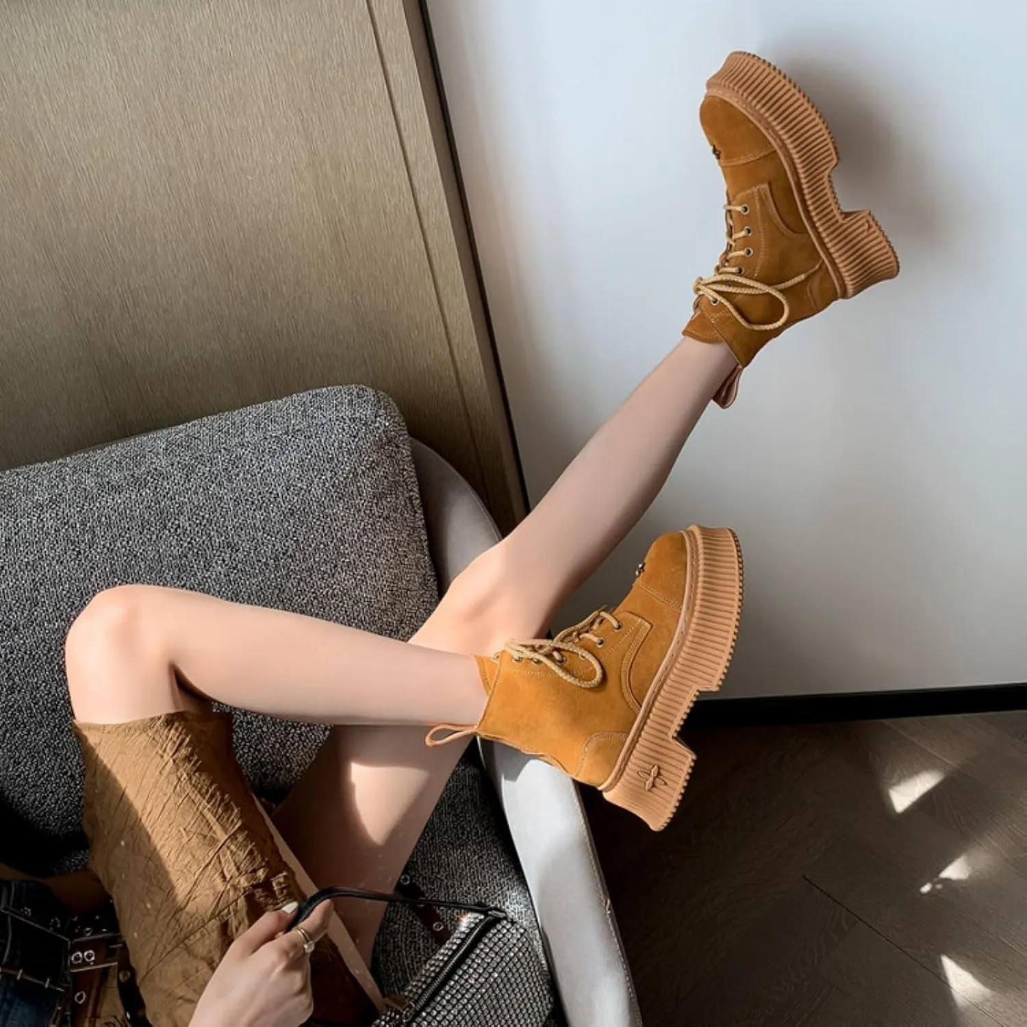 Vertundy Women Chunky Lace Up Ankle Boots Platform Combat booties Round Toe Chelsea Boots