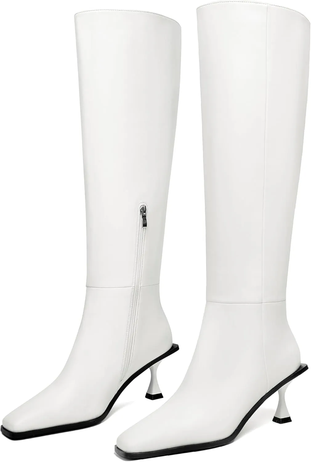 Vertundy Womens Kitten Heel Boots Square Toe Low Heel Leather Knee High Boots