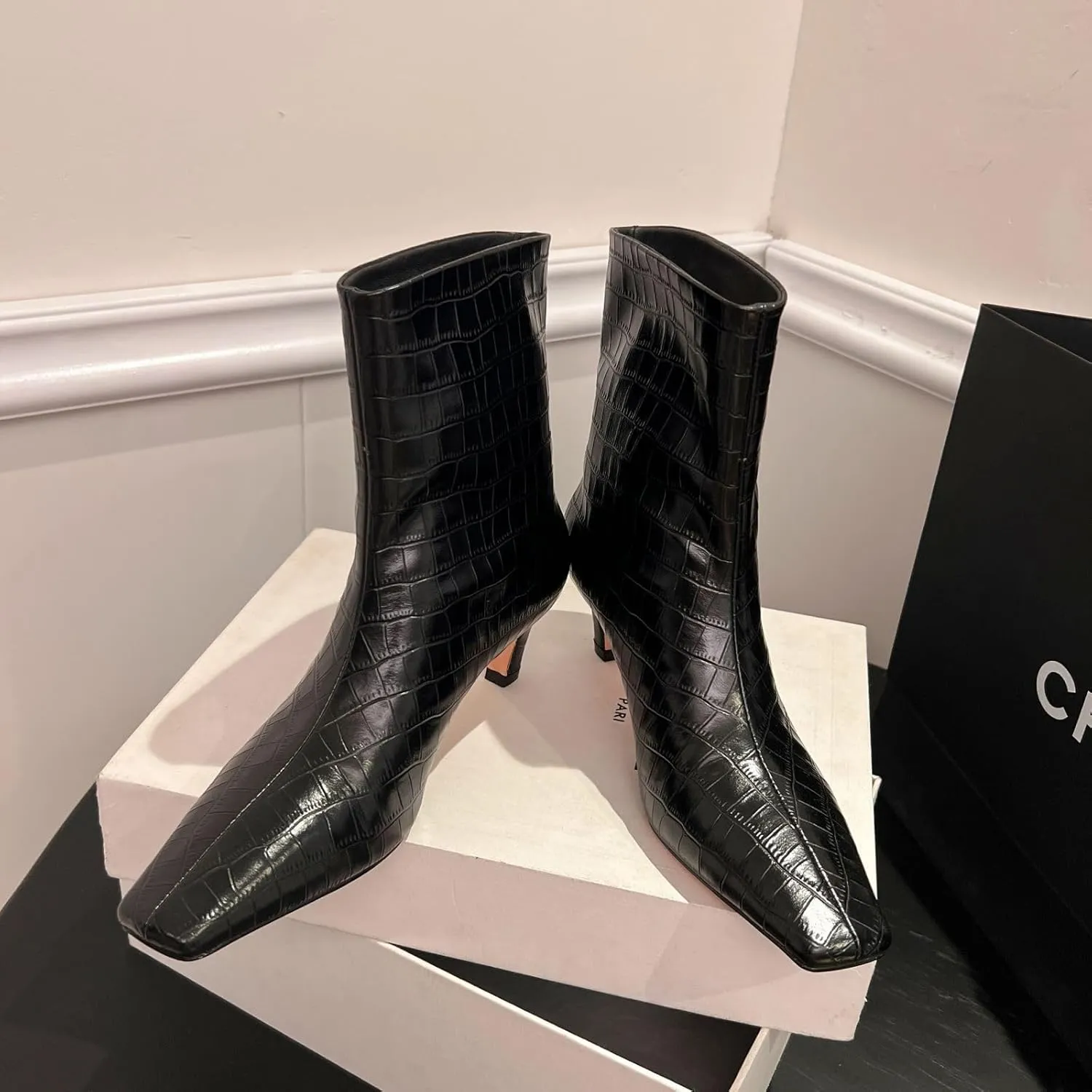 Vertundy Women's Knee High Boots Low Heel Wide Calf Tall Boots with Square Toe Classic Faux Crocodile Chunky Booties