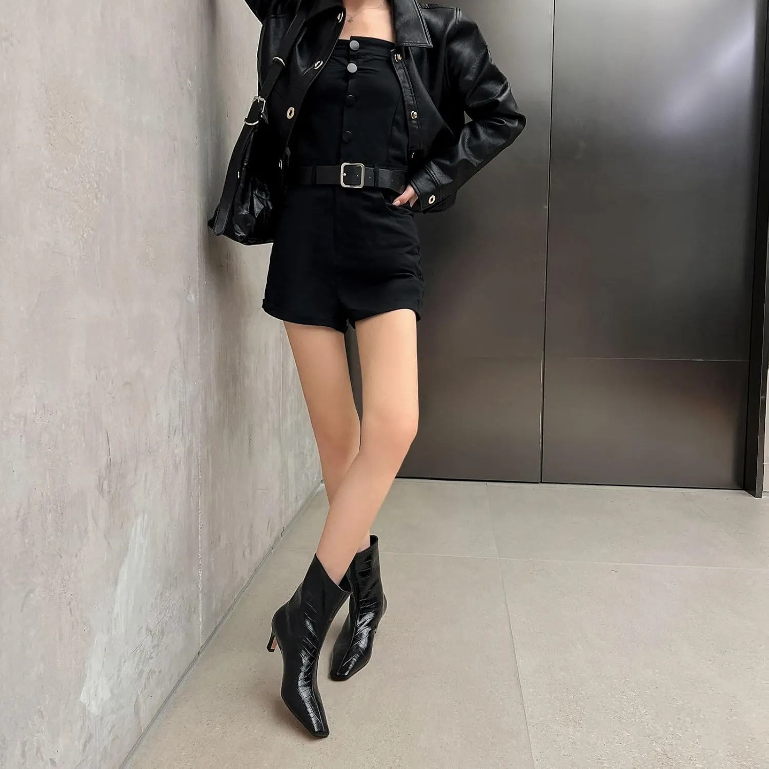Vertundy Women's Knee High Boots Low Heel Wide Calf Tall Boots with Square Toe Classic Faux Crocodile Chunky Booties