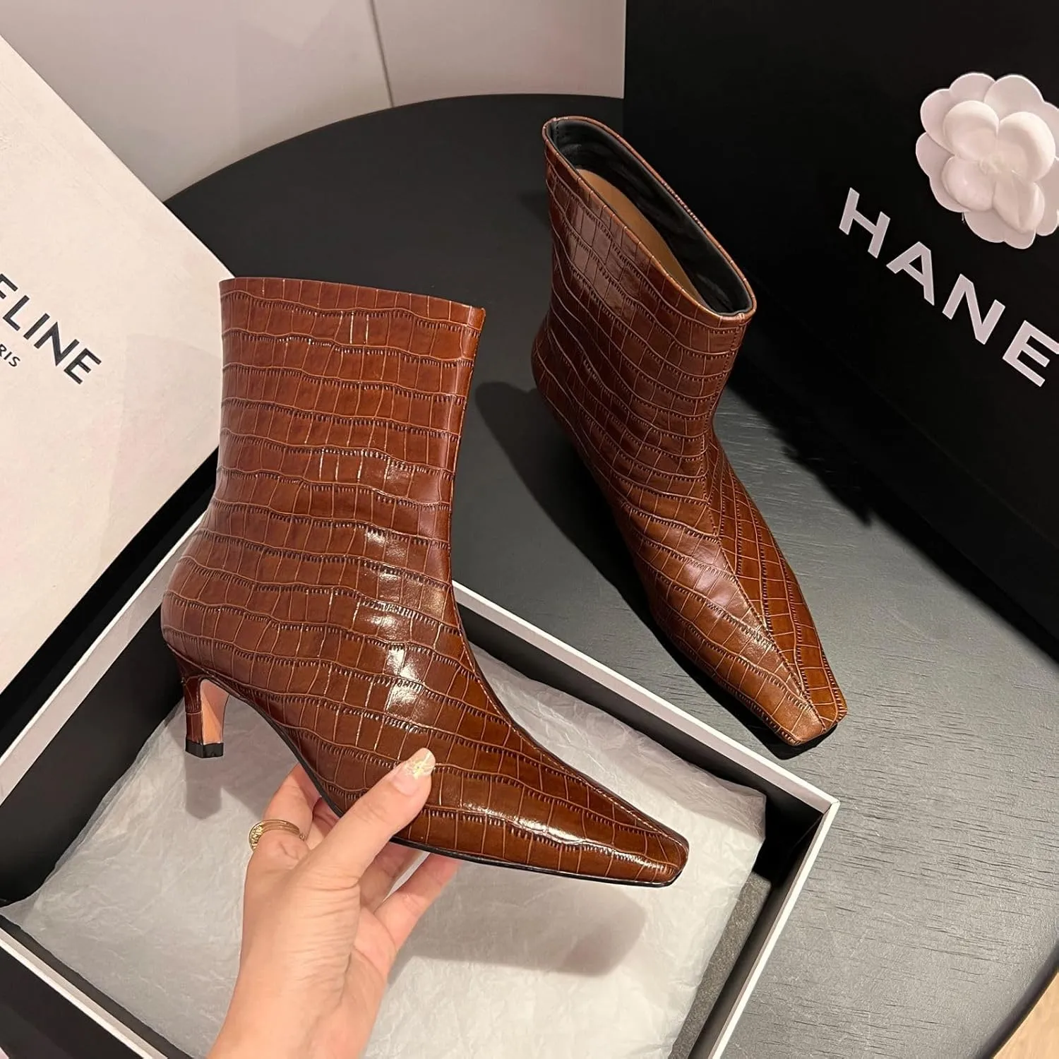 Vertundy Women's Knee High Boots Low Heel Wide Calf Tall Boots with Square Toe Classic Faux Crocodile Chunky Booties