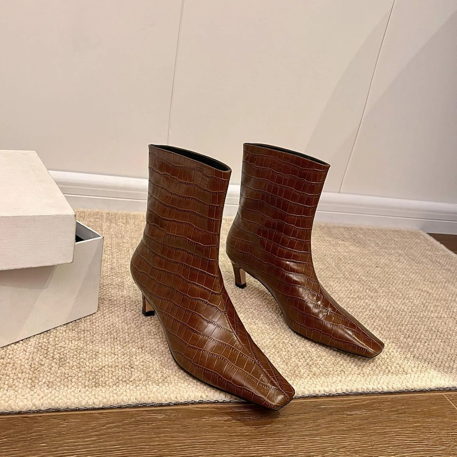 Vertundy Women's Knee High Boots Low Heel Wide Calf Tall Boots with Square Toe Classic Faux Crocodile Chunky Booties