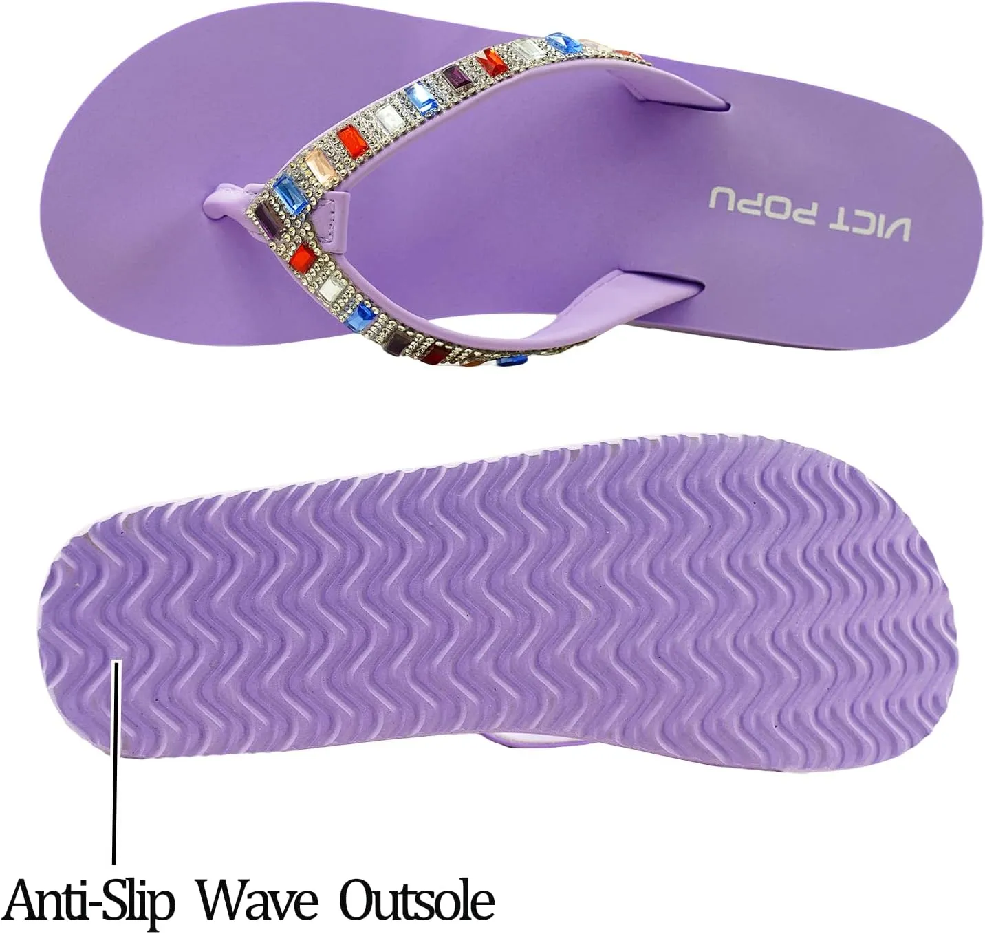 VICT POPU Flip Flops Sandals for Women Bling Rhinestones Jewel High Heel Arch Support Comfortable Soft Cushion Wedge Slip-on Casual Platform Summer Thong Sandals