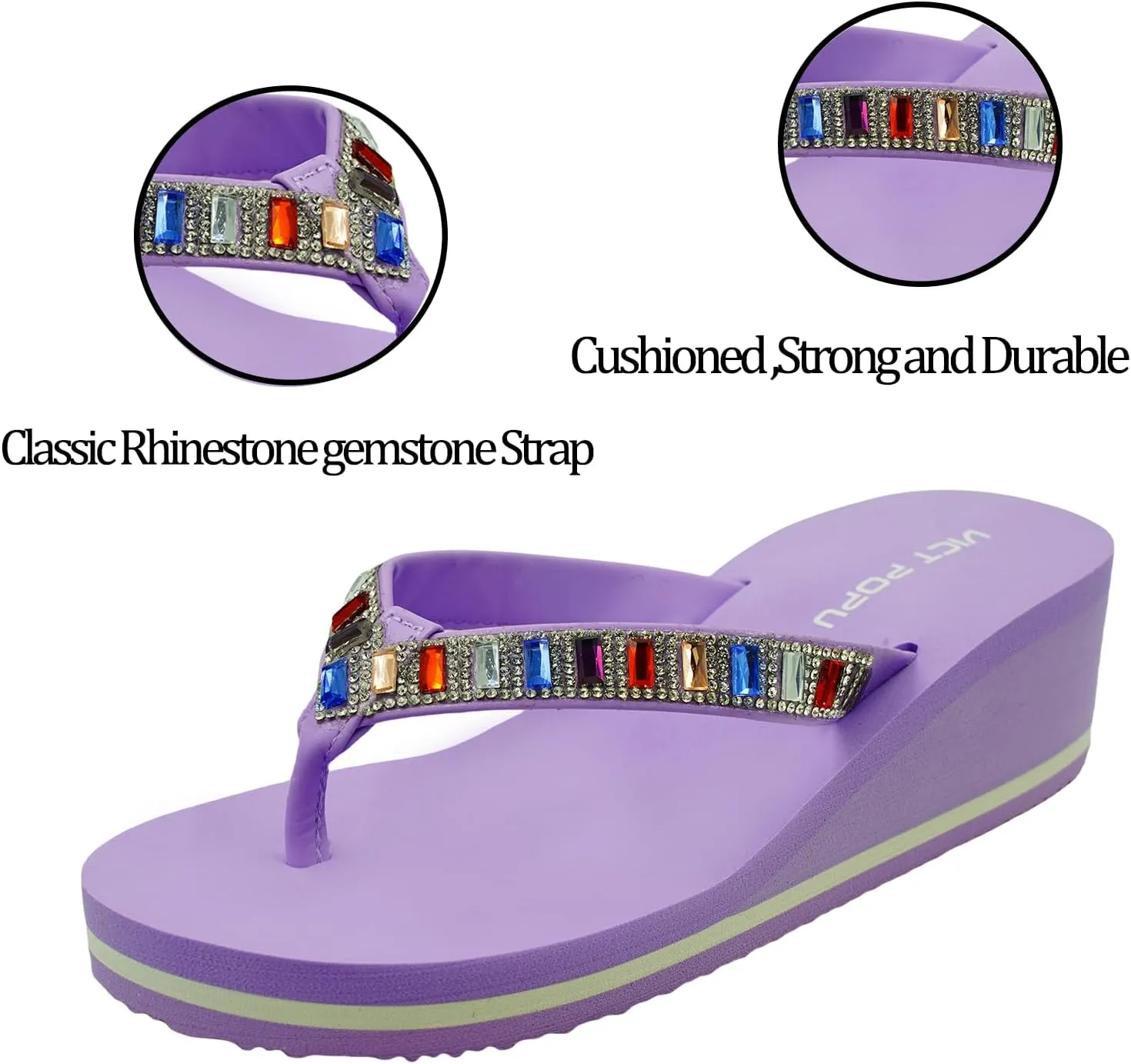 VICT POPU Flip Flops Sandals for Women Bling Rhinestones Jewel High Heel Arch Support Comfortable Soft Cushion Wedge Slip-on Casual Platform Summer Thong Sandals