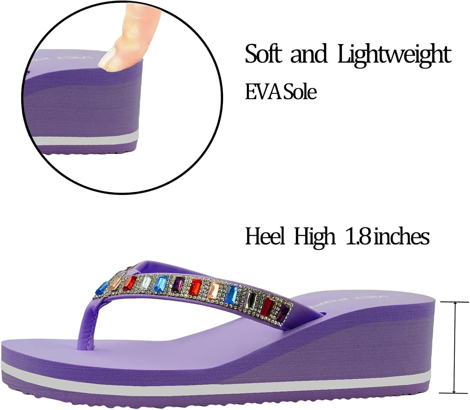 VICT POPU Flip Flops Sandals for Women Bling Rhinestones Jewel High Heel Arch Support Comfortable Soft Cushion Wedge Slip-on Casual Platform Summer Thong Sandals