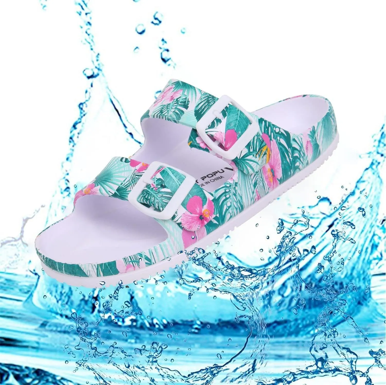 VICT POPU Womens Sandals Adjustable Double Buckle Strap Waterproof EVA Flat Slides