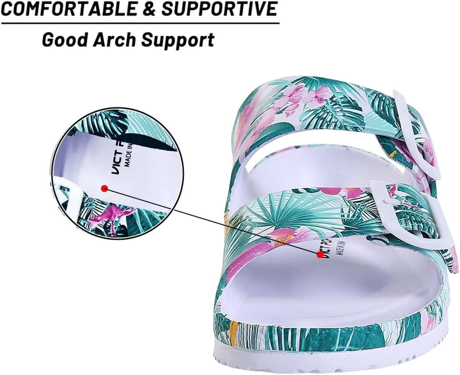 VICT POPU Womens Sandals Adjustable Double Buckle Strap Waterproof EVA Flat Slides
