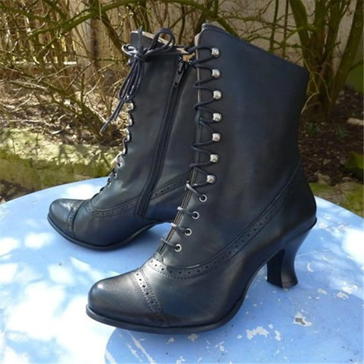 Victorian Boots for Women Vintage Boots Lace up Ankle Boots Mid Heel Boots Cone Heel Side Zip Almond Toe Boots Costume Shoes