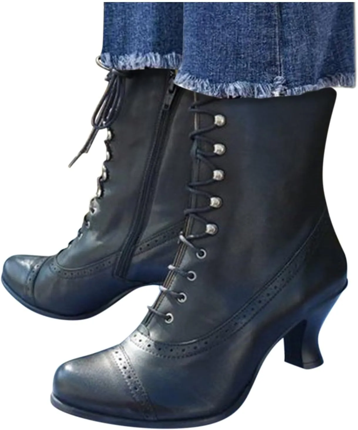 Victorian Boots for Women Vintage Boots Lace up Ankle Boots Mid Heel Boots Cone Heel Side Zip Almond Toe Boots Costume Shoes