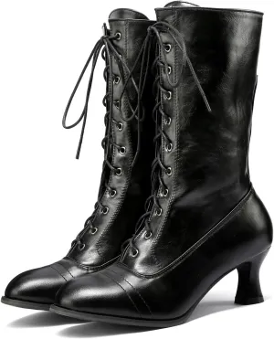 Victorian Boots for Women - Women's Mid Calf Boots Victorian Boots Round Toe Black Boots Chunky Heel Lace Up Witch Boots Knight Boots for Women Faux Leather Boots Vintage Elegant Shoes