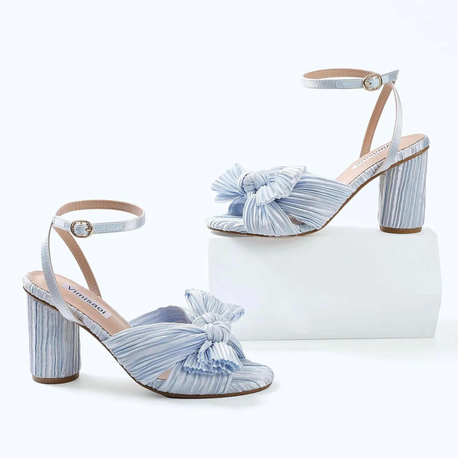 VIMISAOI Women's Bow Knot Heeled Sandals Open Toe High Block Chunky Heels Ankle Buckle Strap Pleated Bride Wedding Party Dress Shoes