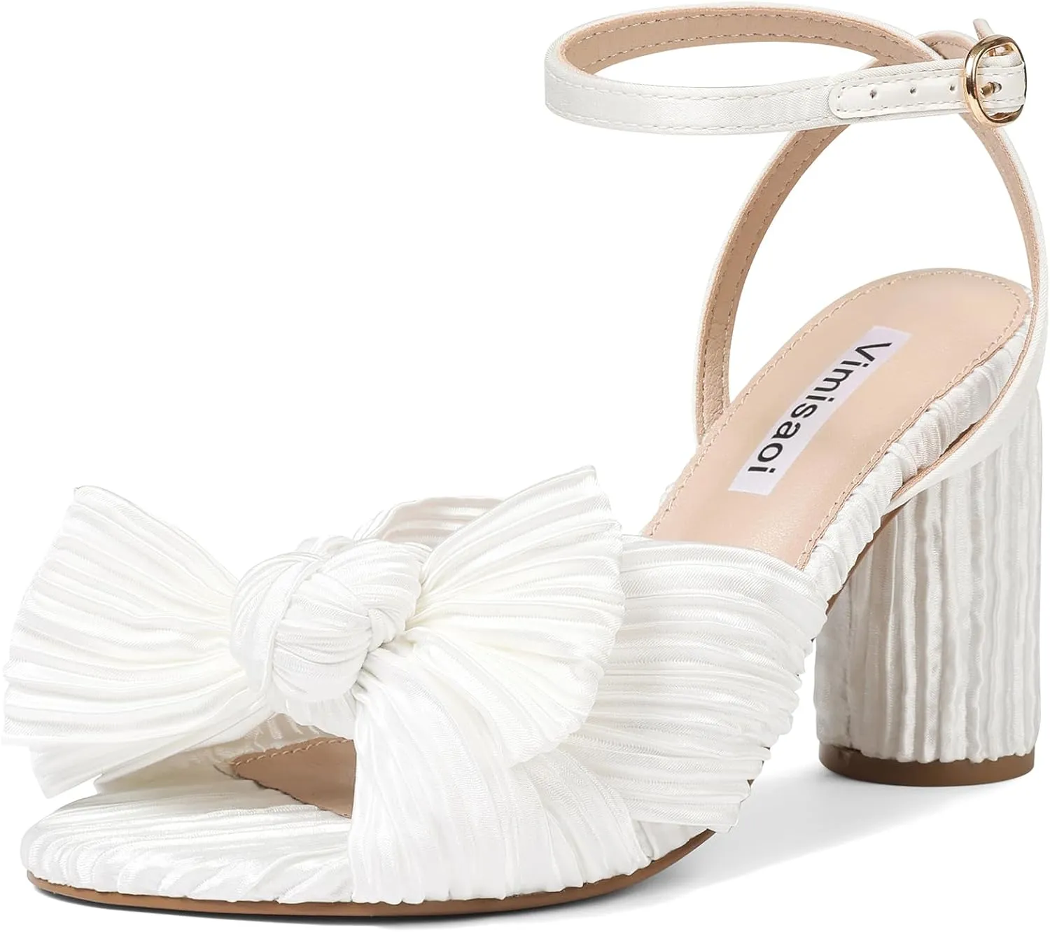 VIMISAOI Women's Bow Knot Heeled Sandals Open Toe High Block Chunky Heels Ankle Buckle Strap Pleated Bride Wedding Party Dress Shoes