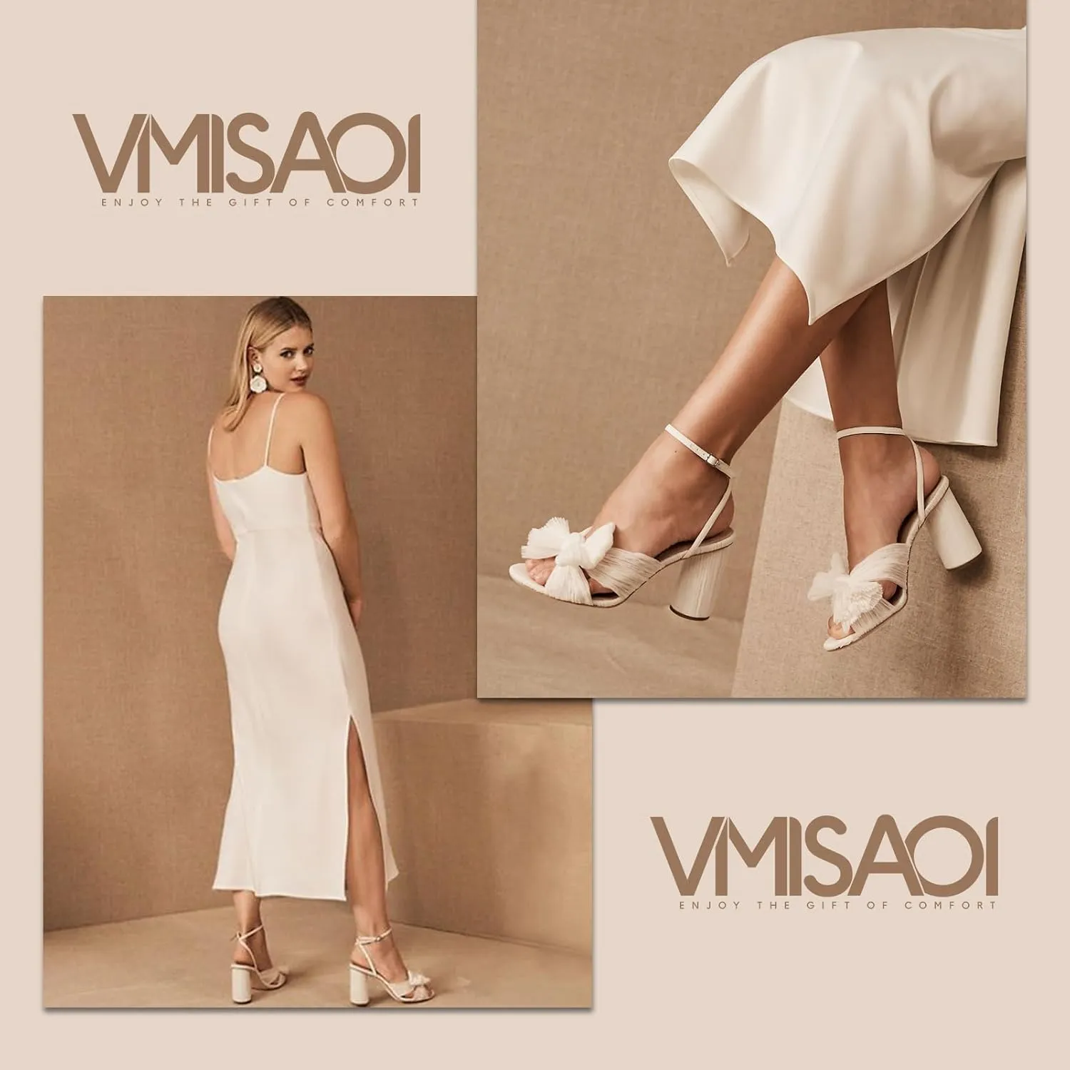 VIMISAOI Women's Bow Knot Heeled Sandals Open Toe High Block Chunky Heels Ankle Buckle Strap Pleated Bride Wedding Party Dress Shoes