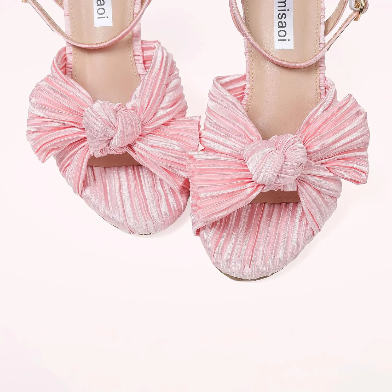 VIMISAOI Women's Bow Knot Heeled Sandals Open Toe High Block Chunky Heels Ankle Buckle Strap Pleated Bride Wedding Party Dress Shoes
