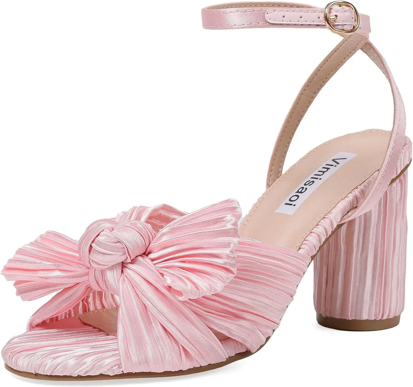 VIMISAOI Women's Bow Knot Heeled Sandals Open Toe High Block Chunky Heels Ankle Buckle Strap Pleated Bride Wedding Party Dress Shoes