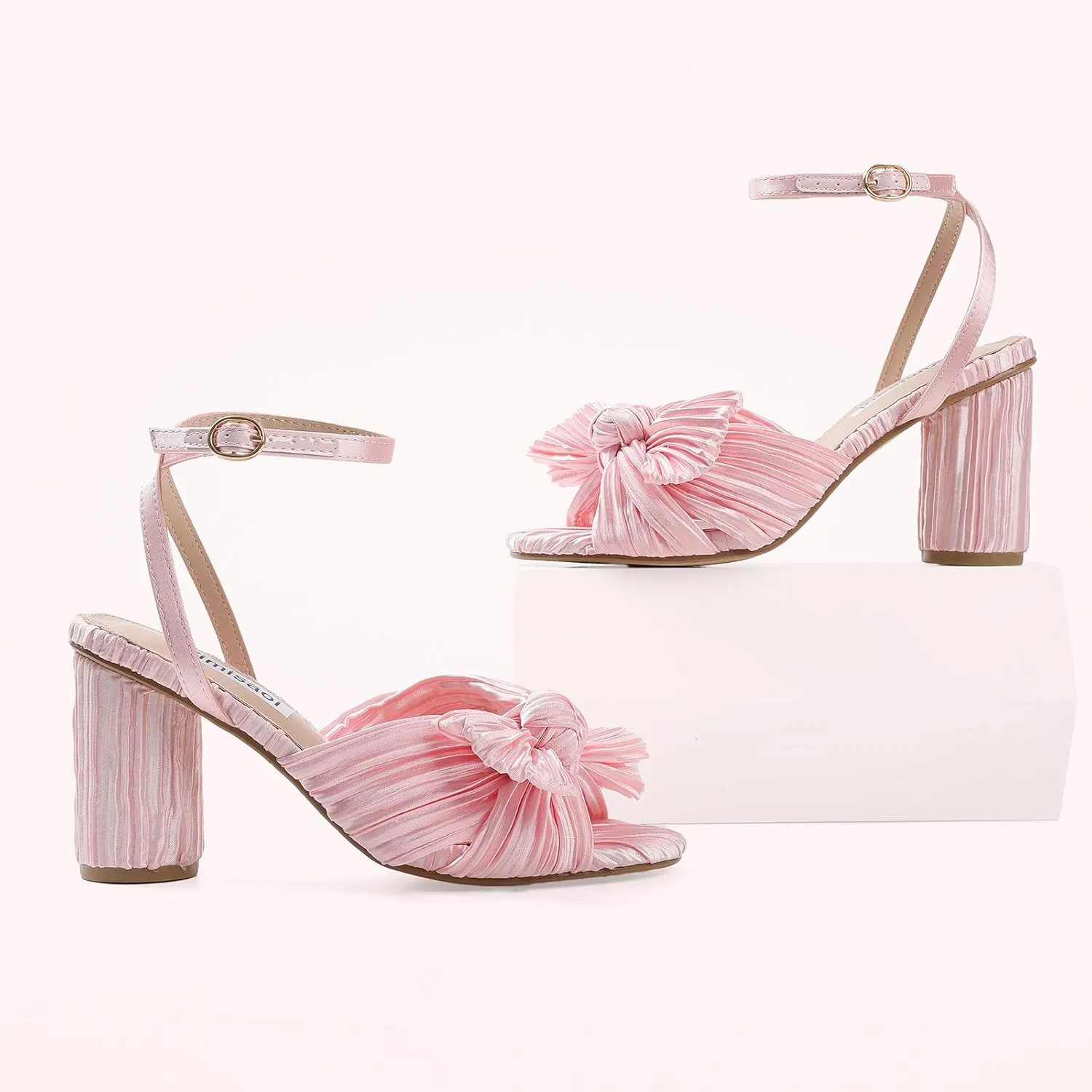 VIMISAOI Women's Bow Knot Heeled Sandals Open Toe High Block Chunky Heels Ankle Buckle Strap Pleated Bride Wedding Party Dress Shoes