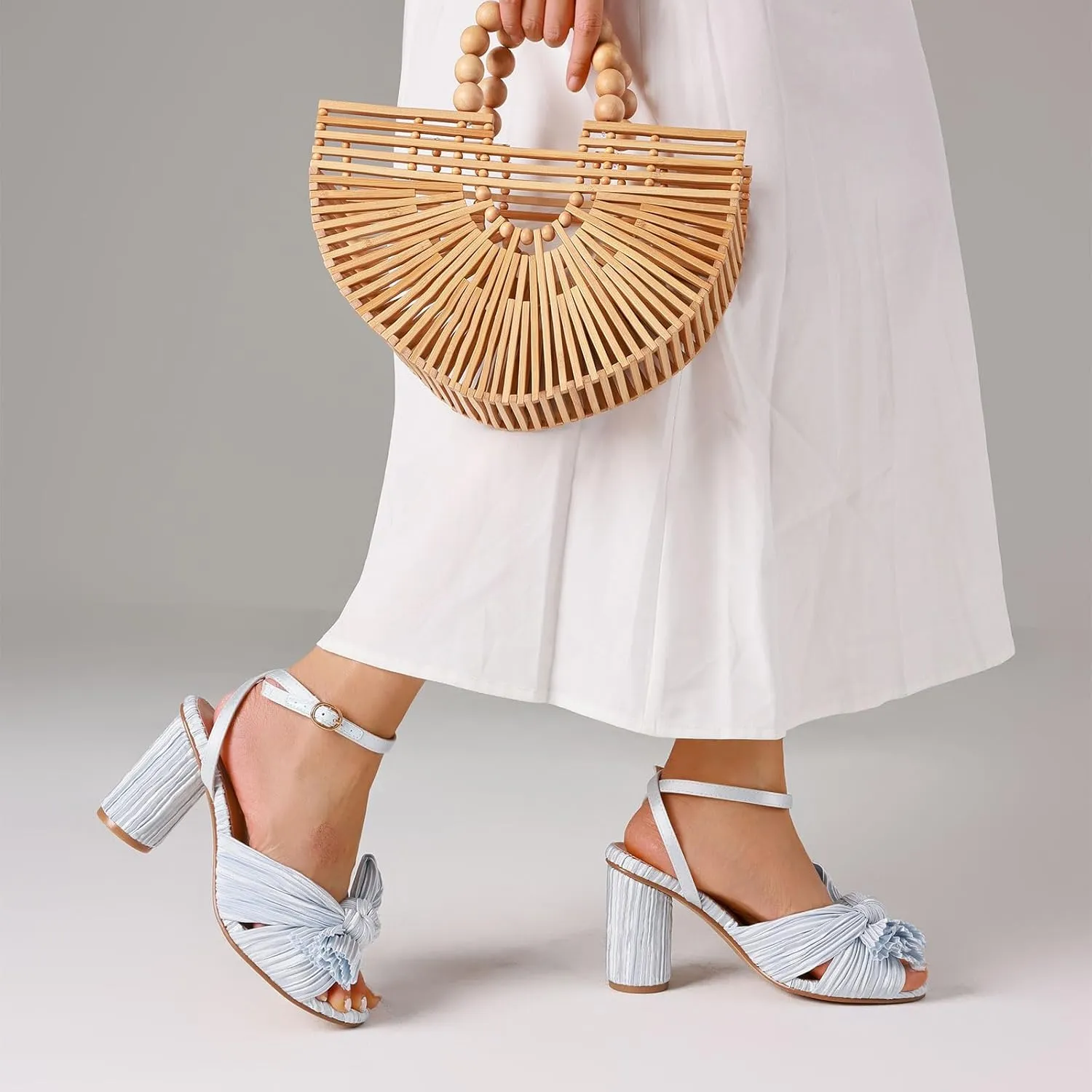 VIMISAOI Women's Bow Knot Heeled Sandals Open Toe High Block Chunky Heels Ankle Buckle Strap Pleated Bride Wedding Party Dress Shoes