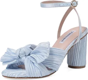 VIMISAOI Women's Bow Knot Heeled Sandals Open Toe High Block Chunky Heels Ankle Buckle Strap Pleated Bride Wedding Party Dress Shoes