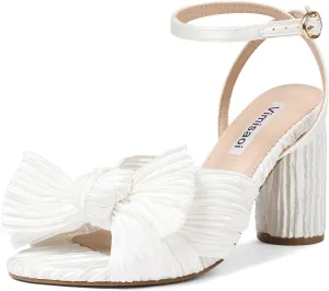 VIMISAOI Women's Bow Knot Heeled Sandals Open Toe High Block Chunky Heels Ankle Buckle Strap Pleated Bride Wedding Party Dress Shoes