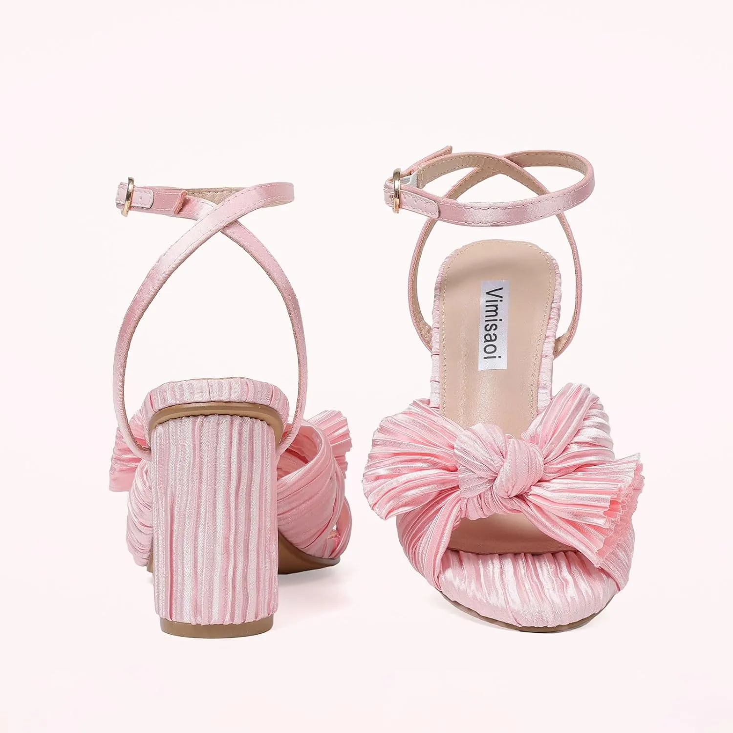 VIMISAOI Women's Bow Knot Heeled Sandals Open Toe High Block Chunky Heels Ankle Buckle Strap Pleated Bride Wedding Party Dress Shoes