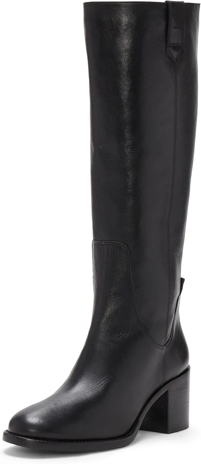 Vince Camuto Zemmy Black Soft Silky Leather Knee High Block Heel Dress Boots