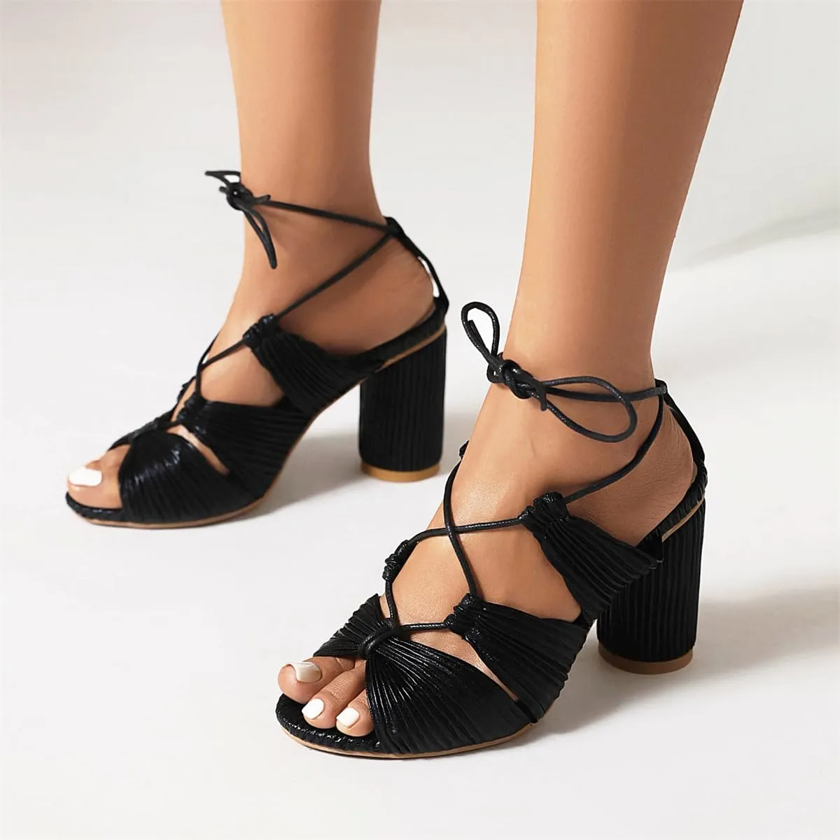 Vintage Strappy Velvet Lace Up Open Toe Sandals with Block Heel High Heel Sandals for Any Occasion