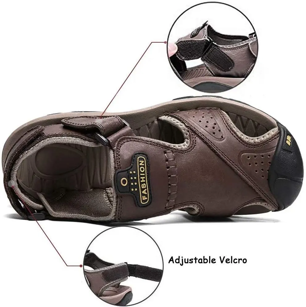 VISIONREAST Mens Leather Sandals - Outdoor Hiking & Waterproof Athletic Sports Sandals - Fisherman Beach Shoes with Closed Toe