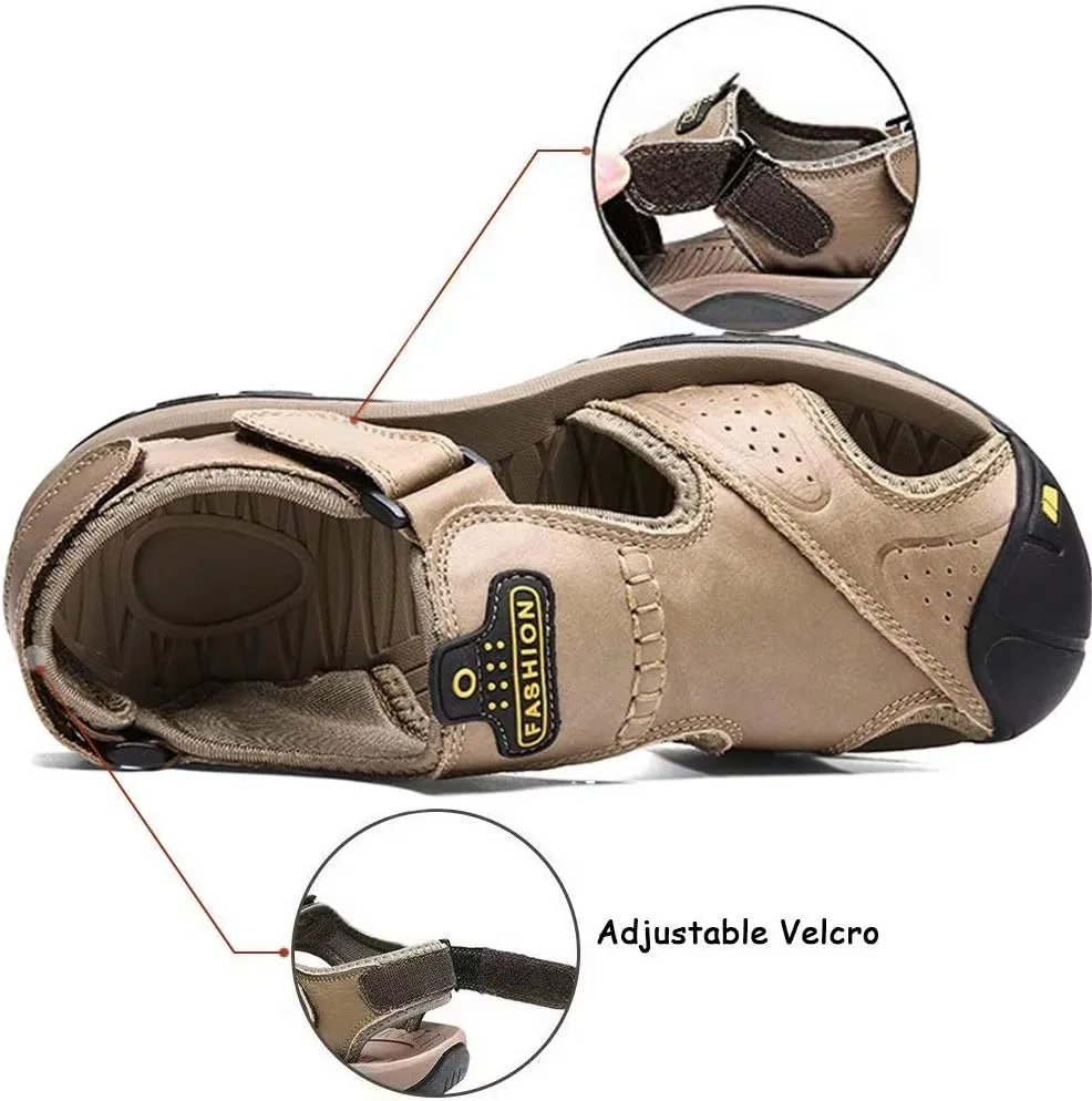 VISIONREAST Mens Leather Sandals - Outdoor Hiking & Waterproof Athletic Sports Sandals - Fisherman Beach Shoes with Closed Toe