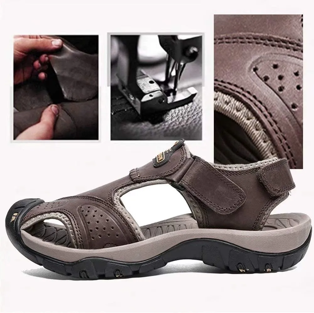 VISIONREAST Mens Leather Sandals - Outdoor Hiking & Waterproof Athletic Sports Sandals - Fisherman Beach Shoes with Closed Toe
