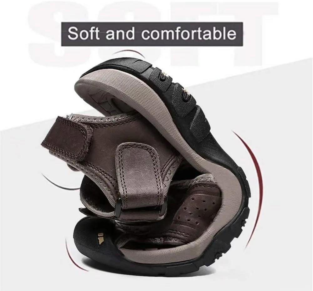 VISIONREAST Mens Leather Sandals - Outdoor Hiking & Waterproof Athletic Sports Sandals - Fisherman Beach Shoes with Closed Toe