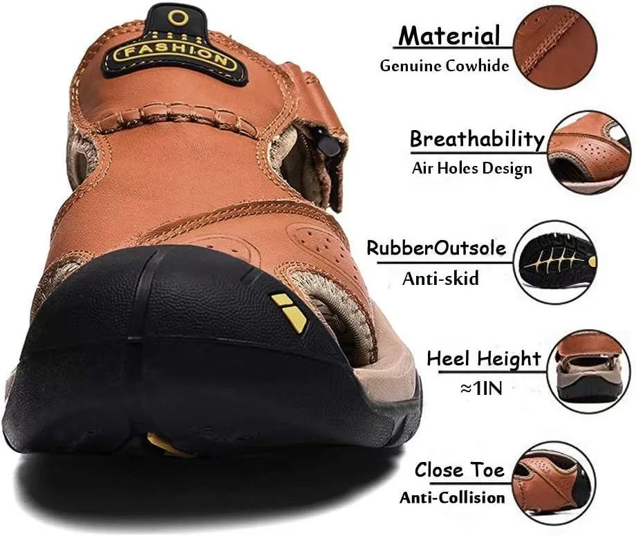 VISIONREAST Mens Leather Sandals - Outdoor Hiking & Waterproof Athletic Sports Sandals - Fisherman Beach Shoes with Closed Toe