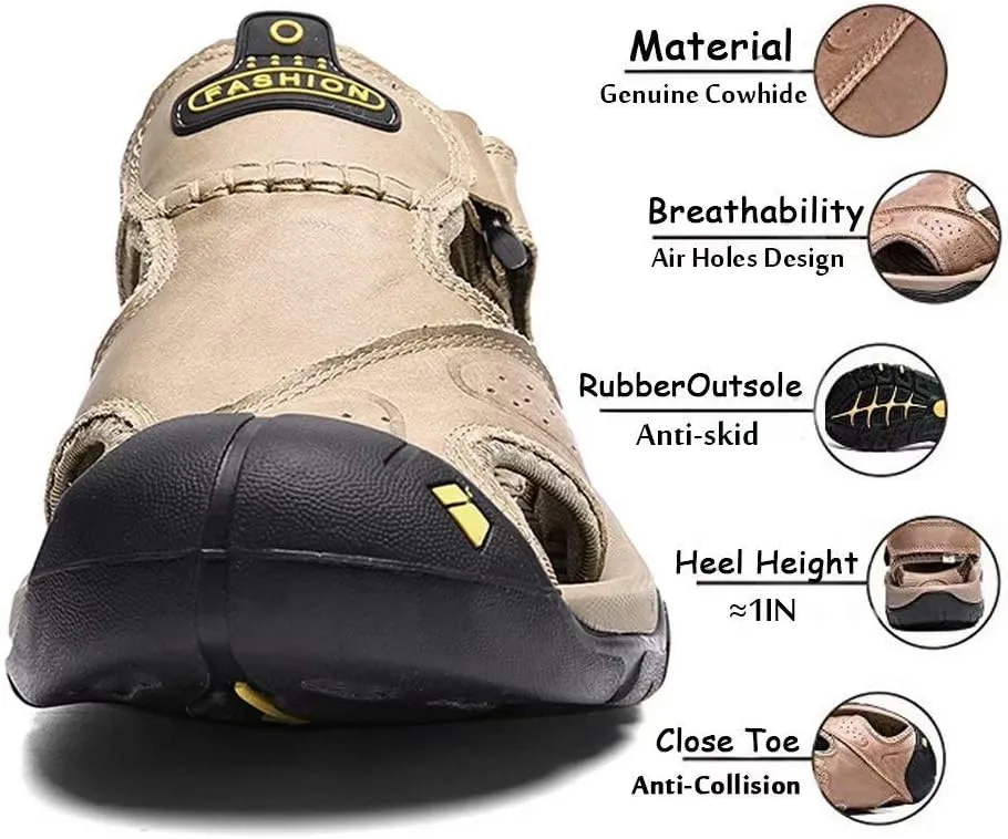 VISIONREAST Mens Leather Sandals - Outdoor Hiking & Waterproof Athletic Sports Sandals - Fisherman Beach Shoes with Closed Toe