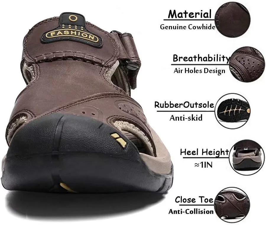 VISIONREAST Mens Leather Sandals - Outdoor Hiking & Waterproof Athletic Sports Sandals - Fisherman Beach Shoes with Closed Toe