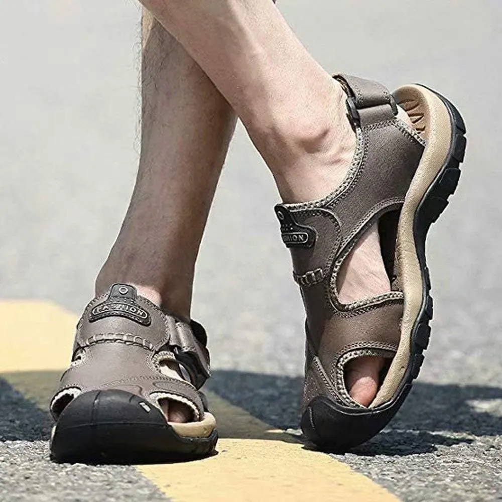 VISIONREAST Mens Leather Sandals - Outdoor Hiking & Waterproof Athletic Sports Sandals - Fisherman Beach Shoes with Closed Toe