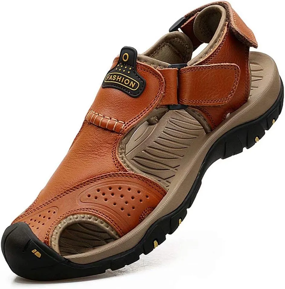 VISIONREAST Mens Leather Sandals - Outdoor Hiking & Waterproof Athletic Sports Sandals - Fisherman Beach Shoes with Closed Toe