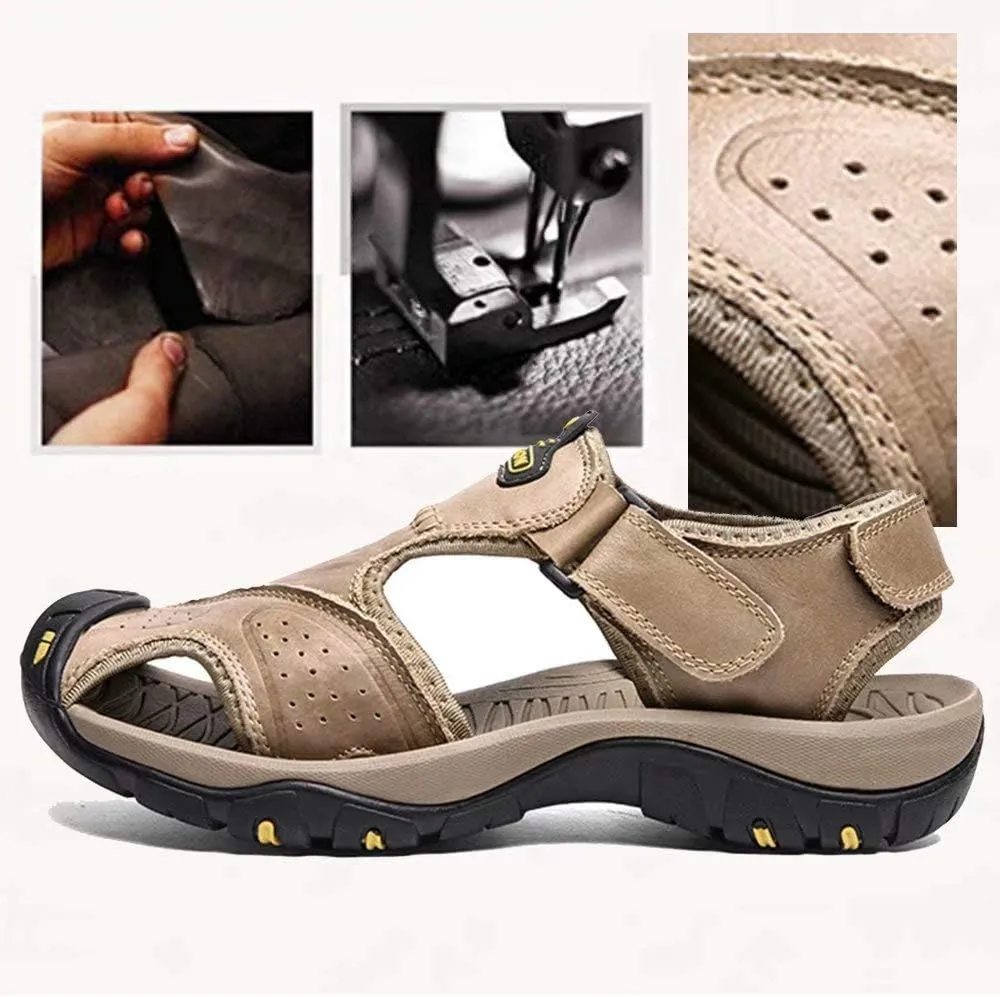 VISIONREAST Mens Leather Sandals - Outdoor Hiking & Waterproof Athletic Sports Sandals - Fisherman Beach Shoes with Closed Toe