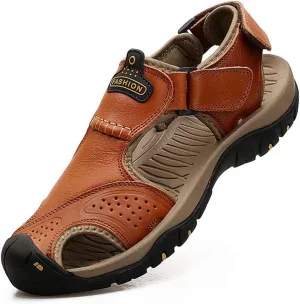 VISIONREAST Mens Leather Sandals - Outdoor Hiking & Waterproof Athletic Sports Sandals - Fisherman Beach Shoes with Closed Toe