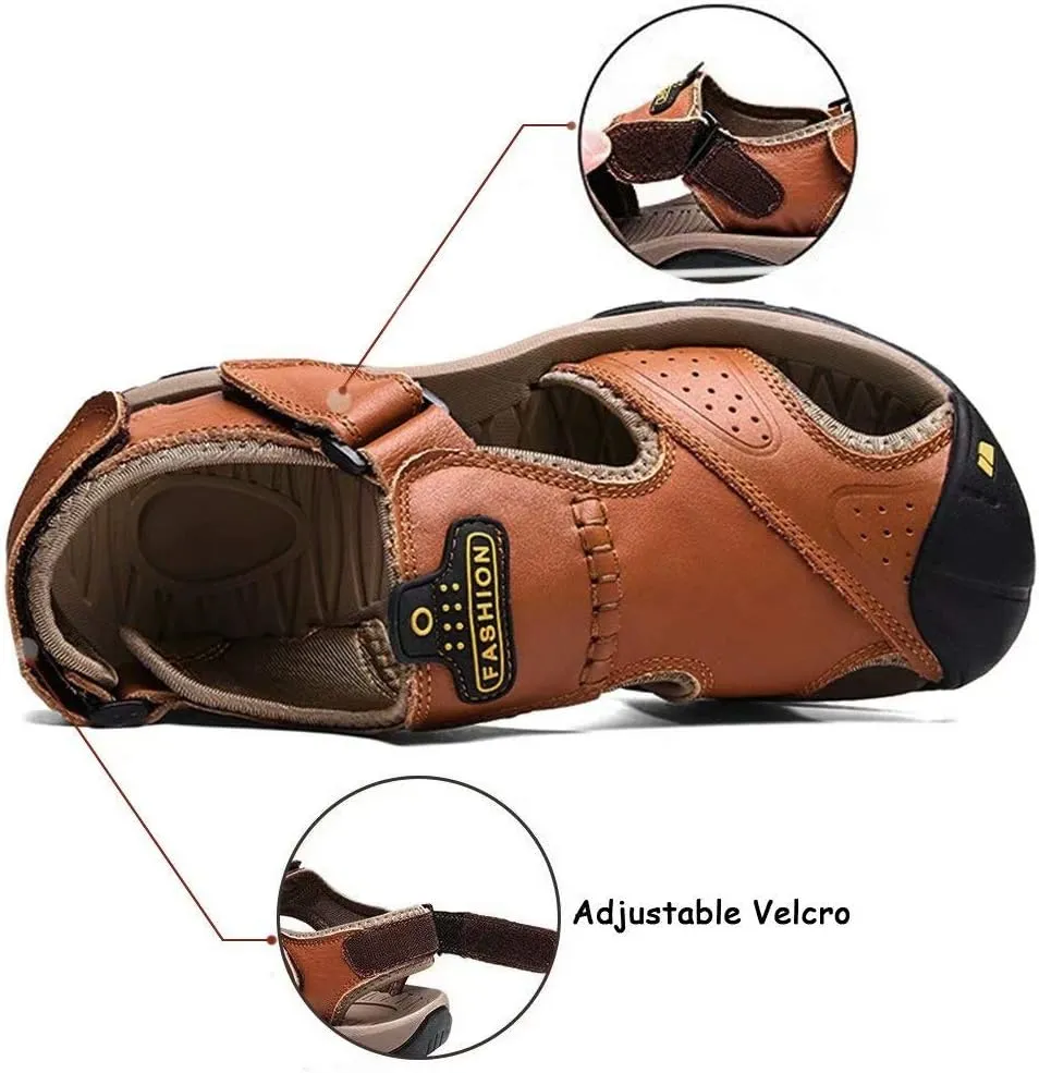 VISIONREAST Mens Leather Sandals - Outdoor Hiking & Waterproof Athletic Sports Sandals - Fisherman Beach Shoes with Closed Toe