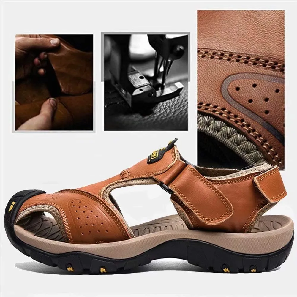 VISIONREAST Mens Leather Sandals - Outdoor Hiking & Waterproof Athletic Sports Sandals - Fisherman Beach Shoes with Closed Toe